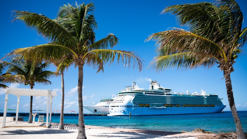 a cruise ship is docked at a tropical beach
