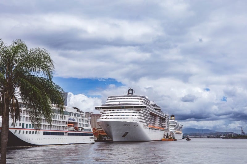 Cruise ships docked at a tropical port under cloudy skies, with lush palm trees nearby.